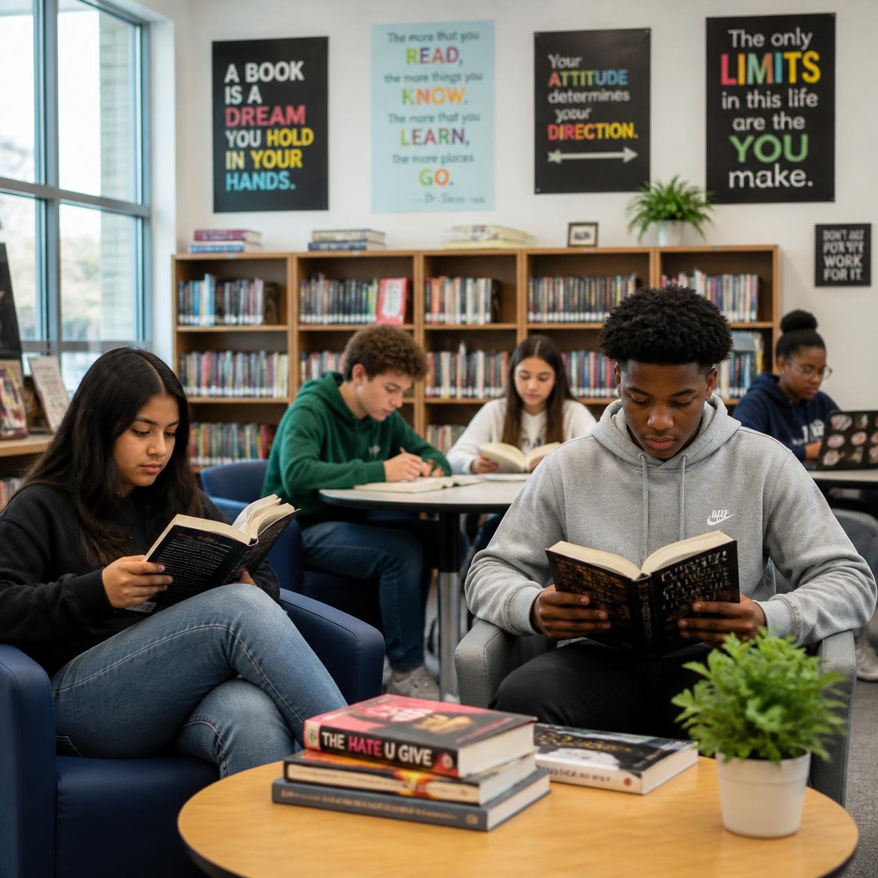 Education themed photo with students, books, learning environment, classroom setting