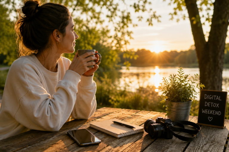 Woman enjoying a peaceful digital detox weekend by a lakeside at sunset, taking a break from screens and social media while reconnecting with nature