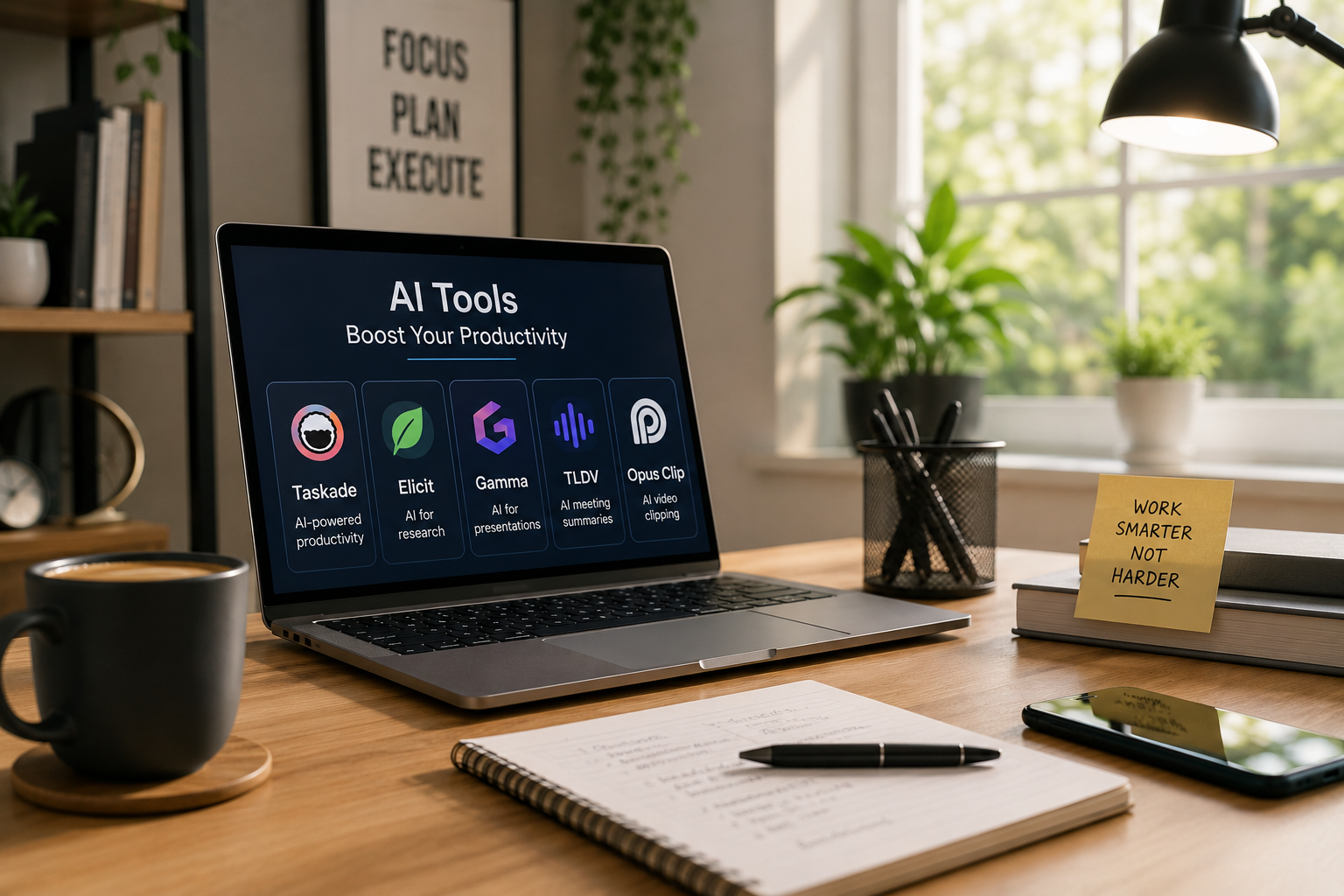 Modern professional workspace featuring a laptop displaying AI productivity tools, helping users automate tasks, improve research, create presentations, and boost efficiency in 2026.