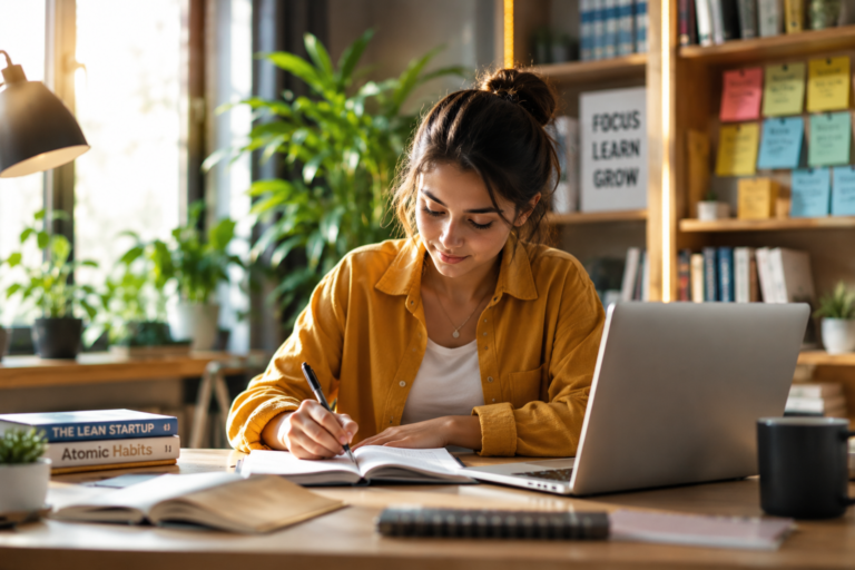 Young professional developing daily learning habits by reading, writing notes, and studying in a modern home office workspace with natural sunlight.