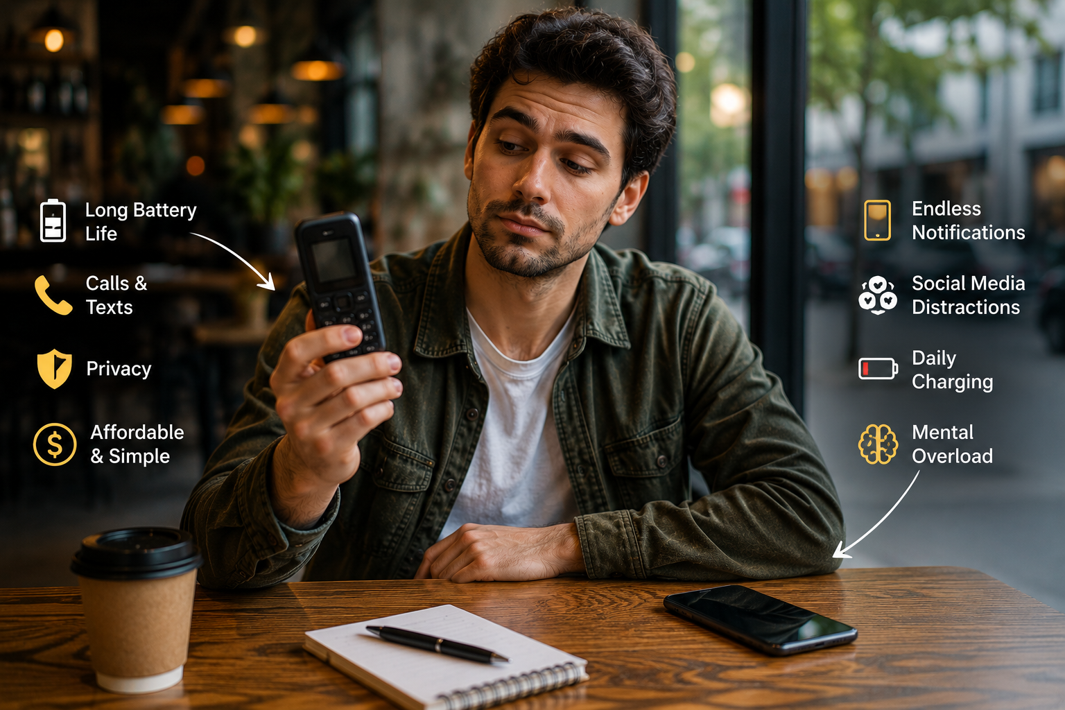 Young professional comparing a basic dumb phone with a modern smartphone while highlighting the benefits of digital minimalism focus and reduced screen time in 2026.