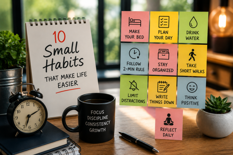 Colorful productivity board displaying simple daily habits such as planning, hydration, organization, walking, and reflection in a bright modern workspace designed to inspire personal growth.