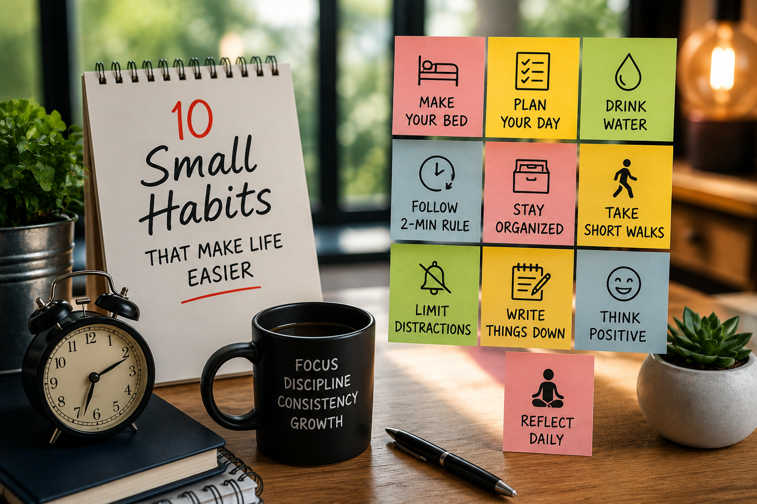 Colorful productivity board displaying simple daily habits such as planning, hydration, organization, walking, and reflection in a bright modern workspace designed to inspire personal growth.