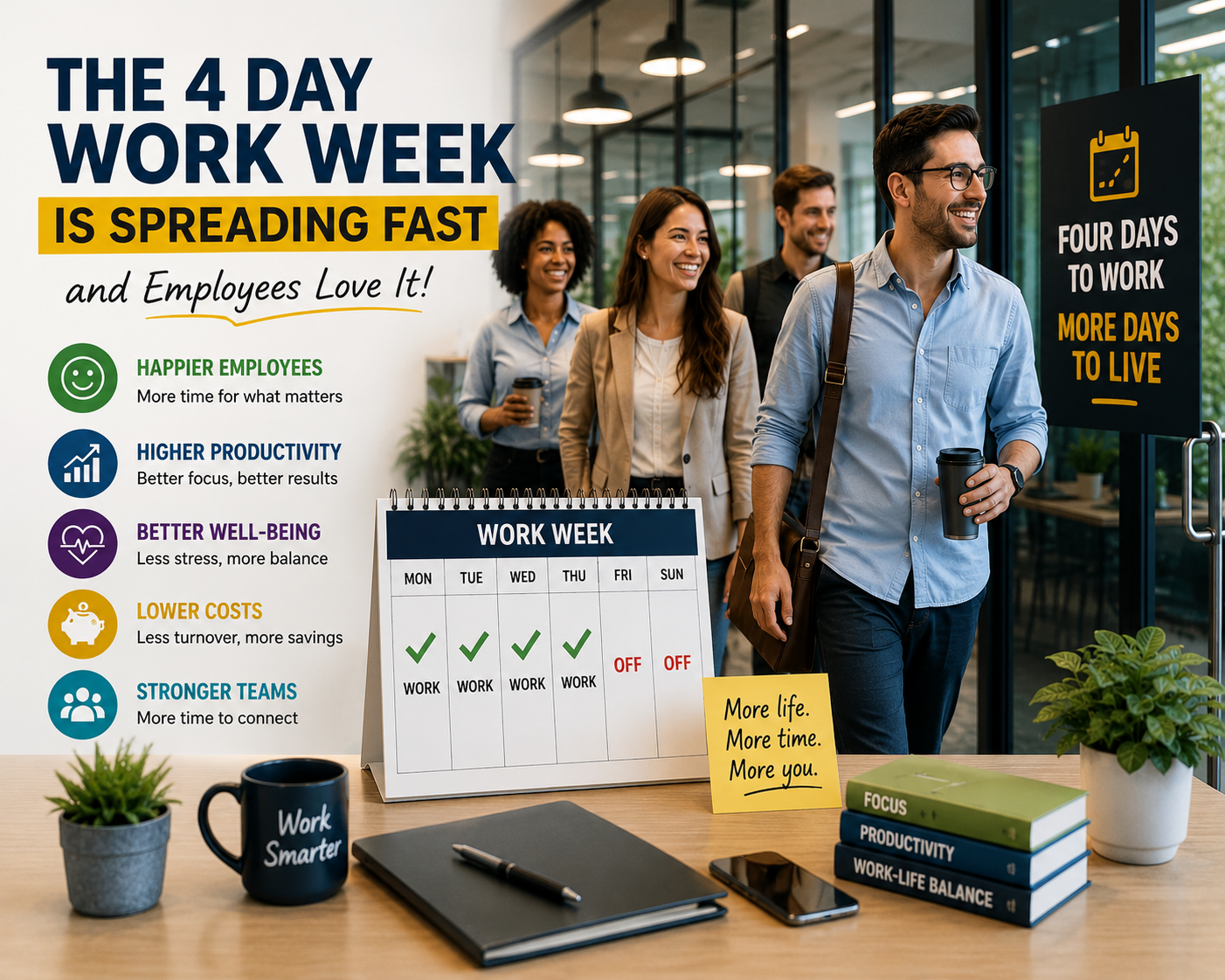 Happy office employees leaving work early while promoting the benefits of a four day work week including better work life balance higher productivity and improved employee wellbeing.