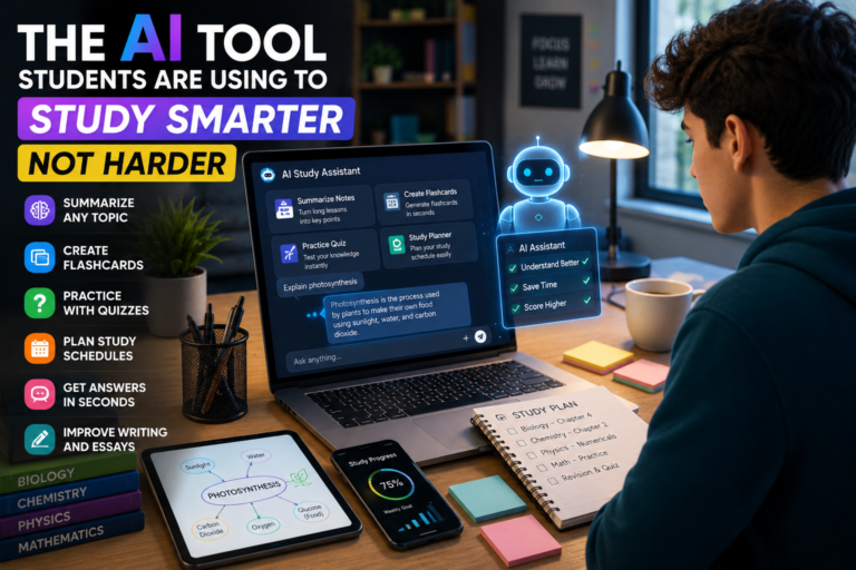 Student using an AI powered study assistant on a laptop to create flashcards summarize notes practice quizzes and improve learning efficiency in a modern study environment.