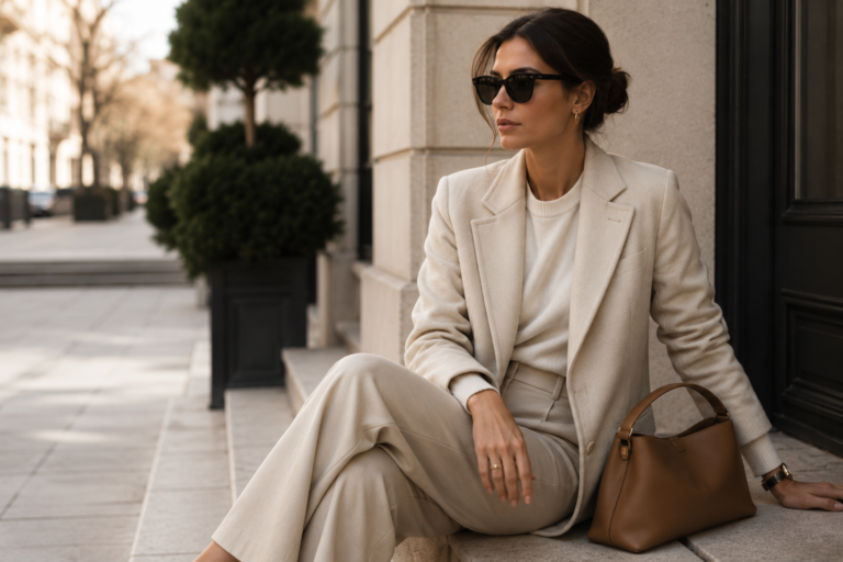 Elegant woman wearing neutral toned premium clothing in a luxury urban setting representing the silent luxury trend focused on timeless style quality and understated sophistication.