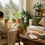 Person enjoying a peaceful slow living lifestyle in a cozy sunlit home surrounded by indoor plants, natural light, and a calm relaxing environment.