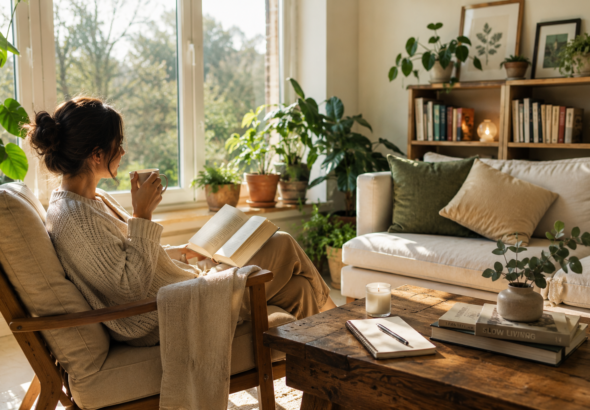 Person enjoying a peaceful slow living lifestyle in a cozy sunlit home surrounded by indoor plants, natural light, and a calm relaxing environment.