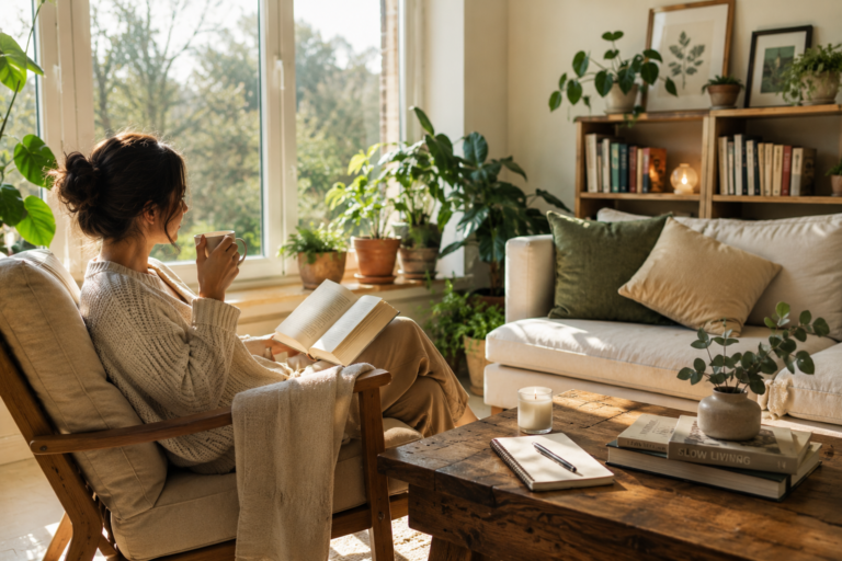 Person enjoying a peaceful slow living lifestyle in a cozy sunlit home surrounded by indoor plants, natural light, and a calm relaxing environment.
