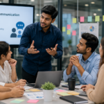 Young professionals collaborating in a modern office meeting, demonstrating communication, teamwork, leadership, and workplace collaboration skills.