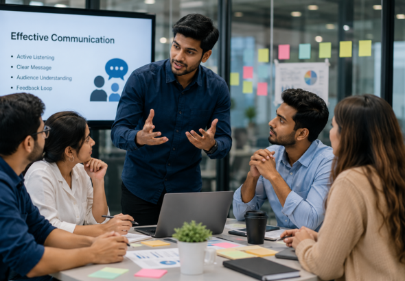 Young professionals collaborating in a modern office meeting, demonstrating communication, teamwork, leadership, and workplace collaboration skills.