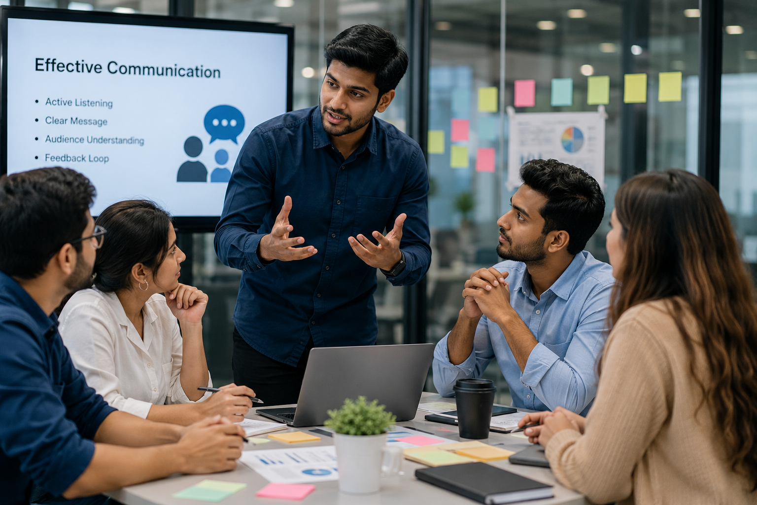 Young professionals collaborating in a modern office meeting, demonstrating communication, teamwork, leadership, and workplace collaboration skills.