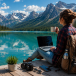 Young professional working remotely beside a mountain lake with a laptop, travel backpack, camera, and coffee, representing the growing micro-retirement lifestyle trend in 2026.