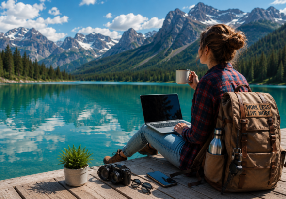 Young professional working remotely beside a mountain lake with a laptop, travel backpack, camera, and coffee, representing the growing micro-retirement lifestyle trend in 2026.