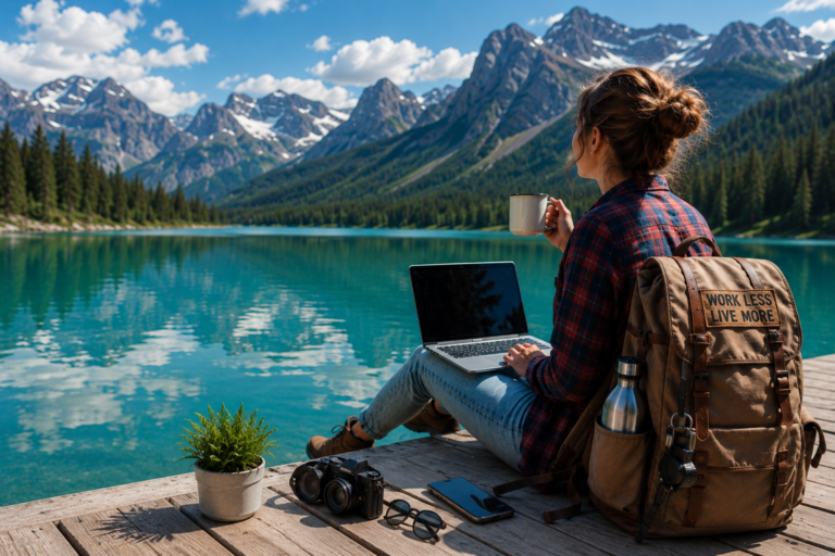 Young professional working remotely beside a mountain lake with a laptop, travel backpack, camera, and coffee, representing the growing micro-retirement lifestyle trend in 2026.