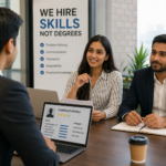 Young professional attending a job interview while employers evaluate practical skills, communication abilities, and real world experience instead of focusing only on academic degrees.