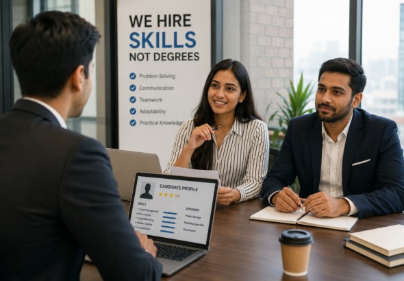 Young professional attending a job interview while employers evaluate practical skills, communication abilities, and real world experience instead of focusing only on academic degrees.
