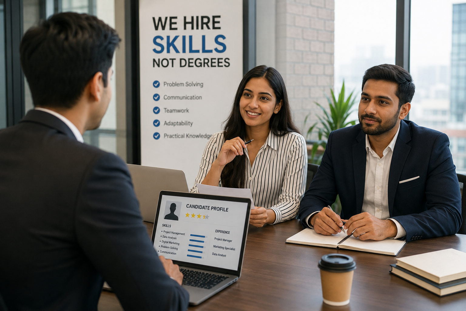 Young professional attending a job interview while employers evaluate practical skills, communication abilities, and real world experience instead of focusing only on academic degrees.