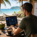 Professional working remotely from a tropical beach café while managing tasks on a laptop representing the quiet vacationing trend and flexible work lifestyle in 2026