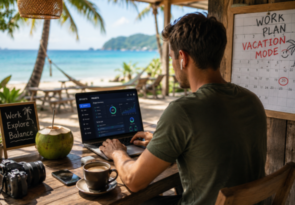 Professional working remotely from a tropical beach café while managing tasks on a laptop representing the quiet vacationing trend and flexible work lifestyle in 2026