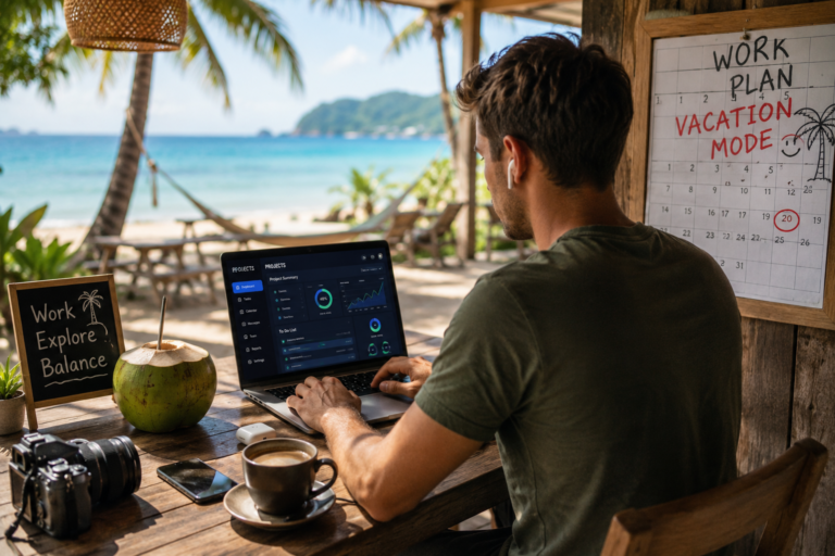 Professional working remotely from a tropical beach café while managing tasks on a laptop representing the quiet vacationing trend and flexible work lifestyle in 2026