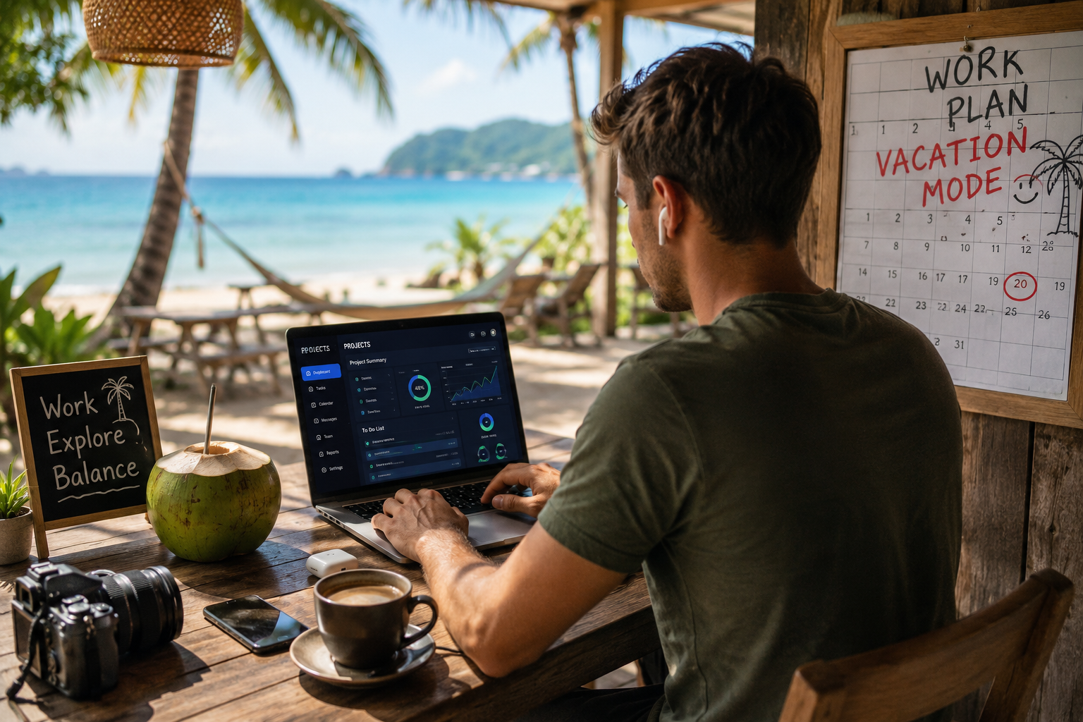 Professional working remotely from a tropical beach café while managing tasks on a laptop representing the quiet vacationing trend and flexible work lifestyle in 2026