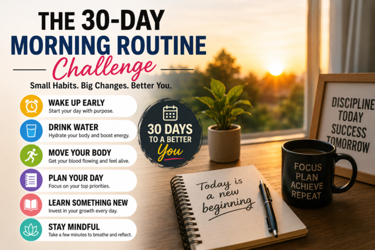 Motivational 30-day morning routine challenge concept featuring a productive morning workspace with a notebook, coffee mug, plant, and daily habit checklist designed to improve focus, productivity, and personal growth.