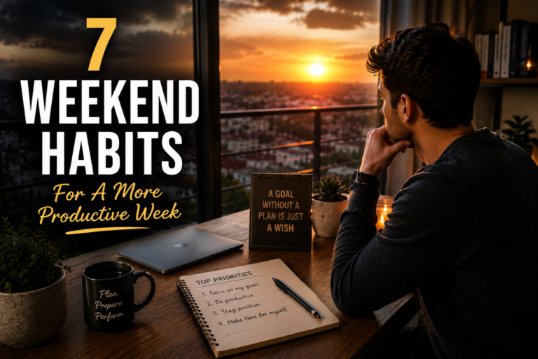Professional planning a productive week on a weekend evening using a planner, coffee, and organized workspace to improve focus and time management.
