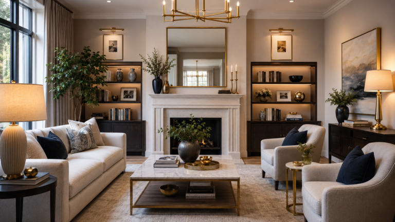 Elegant living room design ideas featuring luxury furniture, statement lighting, decorative artwork, premium sofas, and stylish interior décor that make a home look expensive